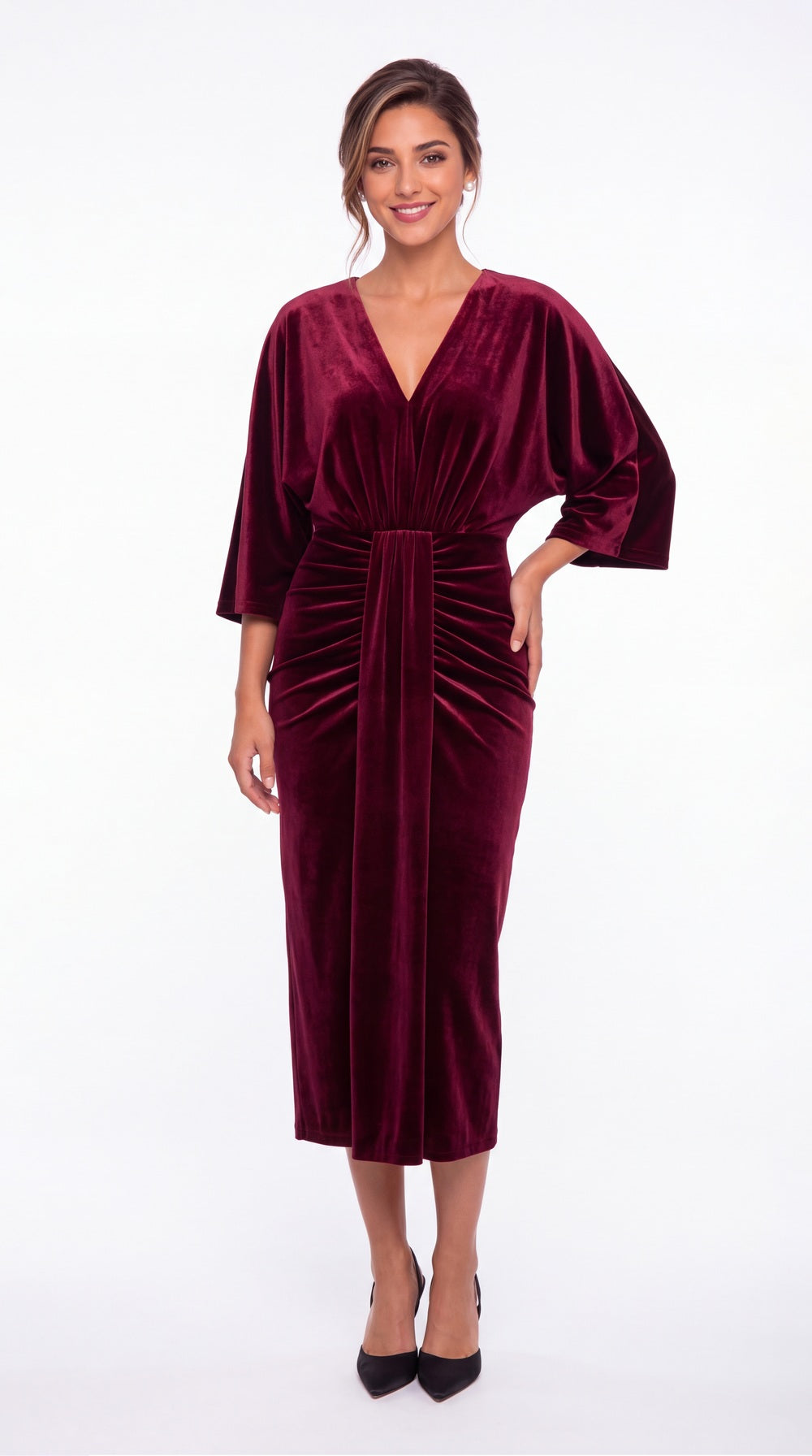 V-Neck Tie Ruched Velvet Midi Dress - Detail View 1