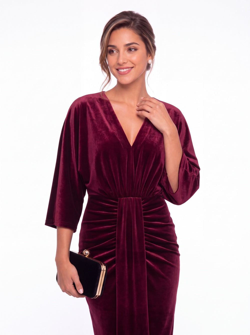 V-Neck Tie Ruched Velvet Midi Dress - Detail View 2