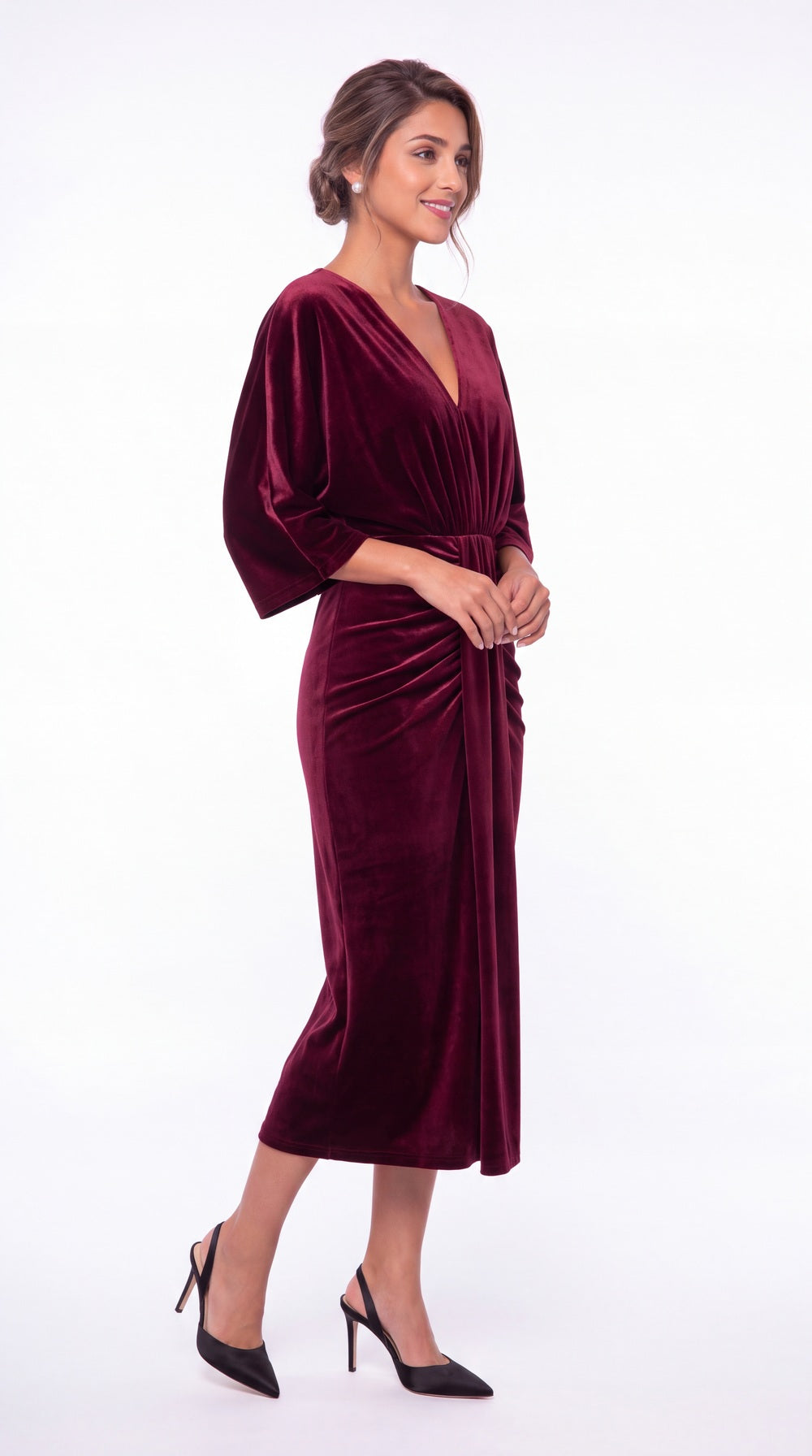 V-Neck Tie Ruched Velvet Midi Dress - Detail View 3