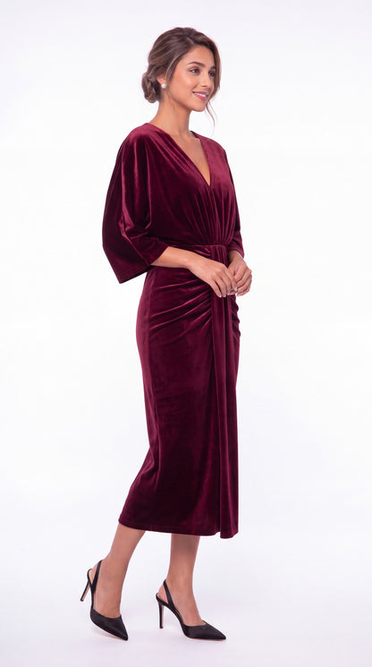 V-Neck Tie Ruched Velvet Midi Dress - Detail View 3