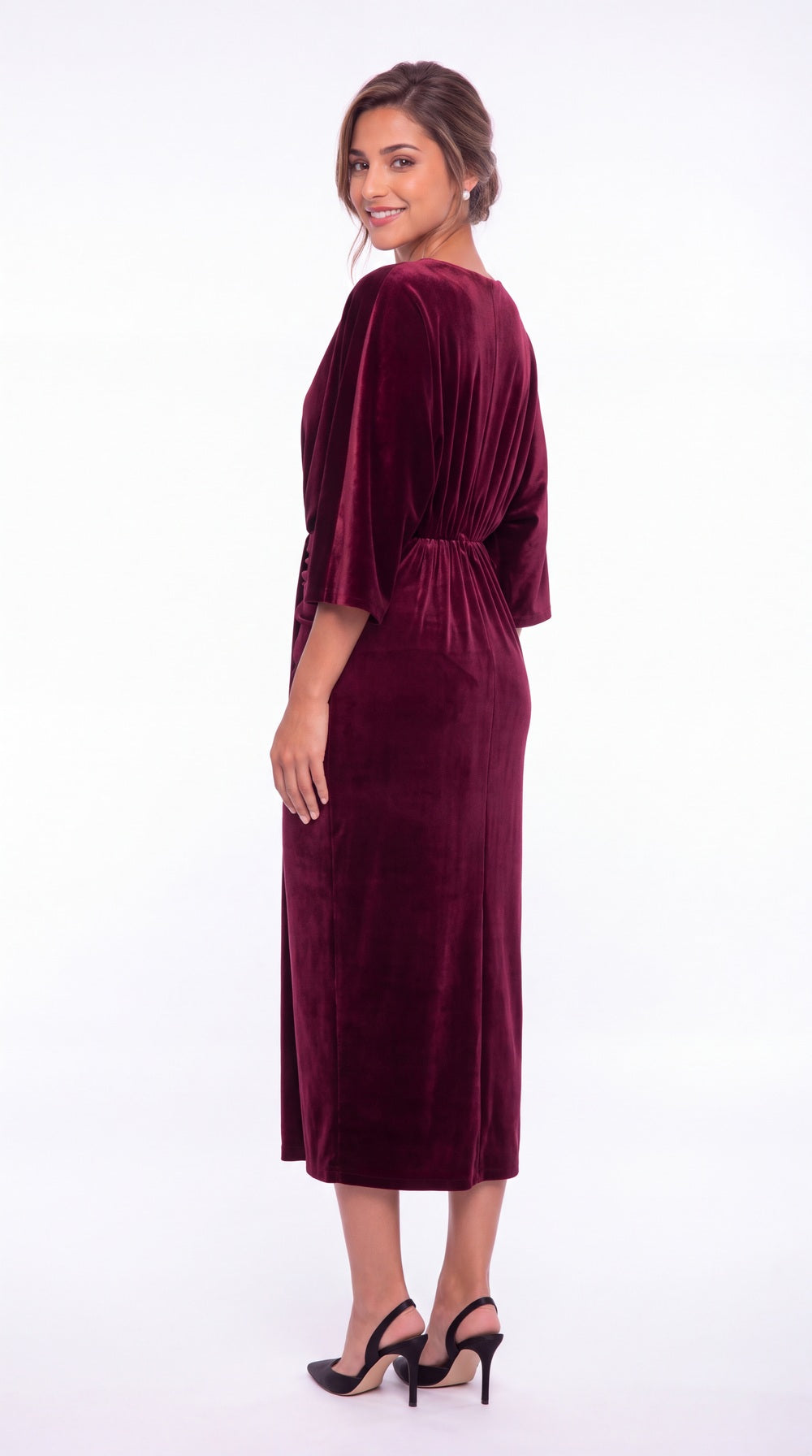 V-Neck Tie Ruched Velvet Midi Dress - Detail View 4
