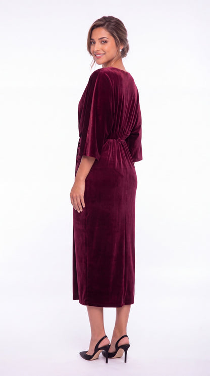 V-Neck Tie Ruched Velvet Midi Dress - Detail View 4