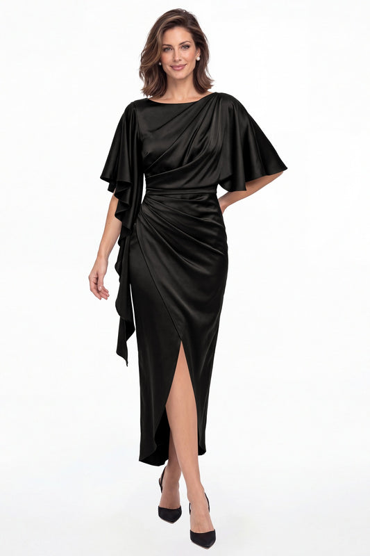 Black Asymmetrical Flutter Sleeve Ruched Satin Midi Dress - Front View