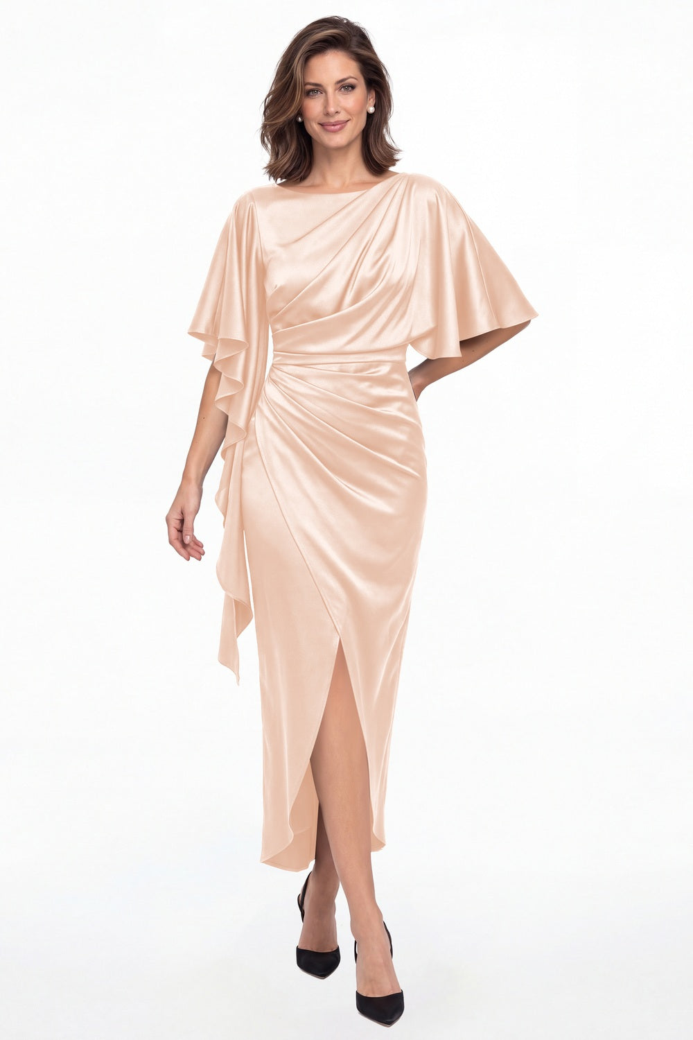 Blush Pink Asymmetrical Flutter Sleeve Ruched Satin Midi Dress - Front View