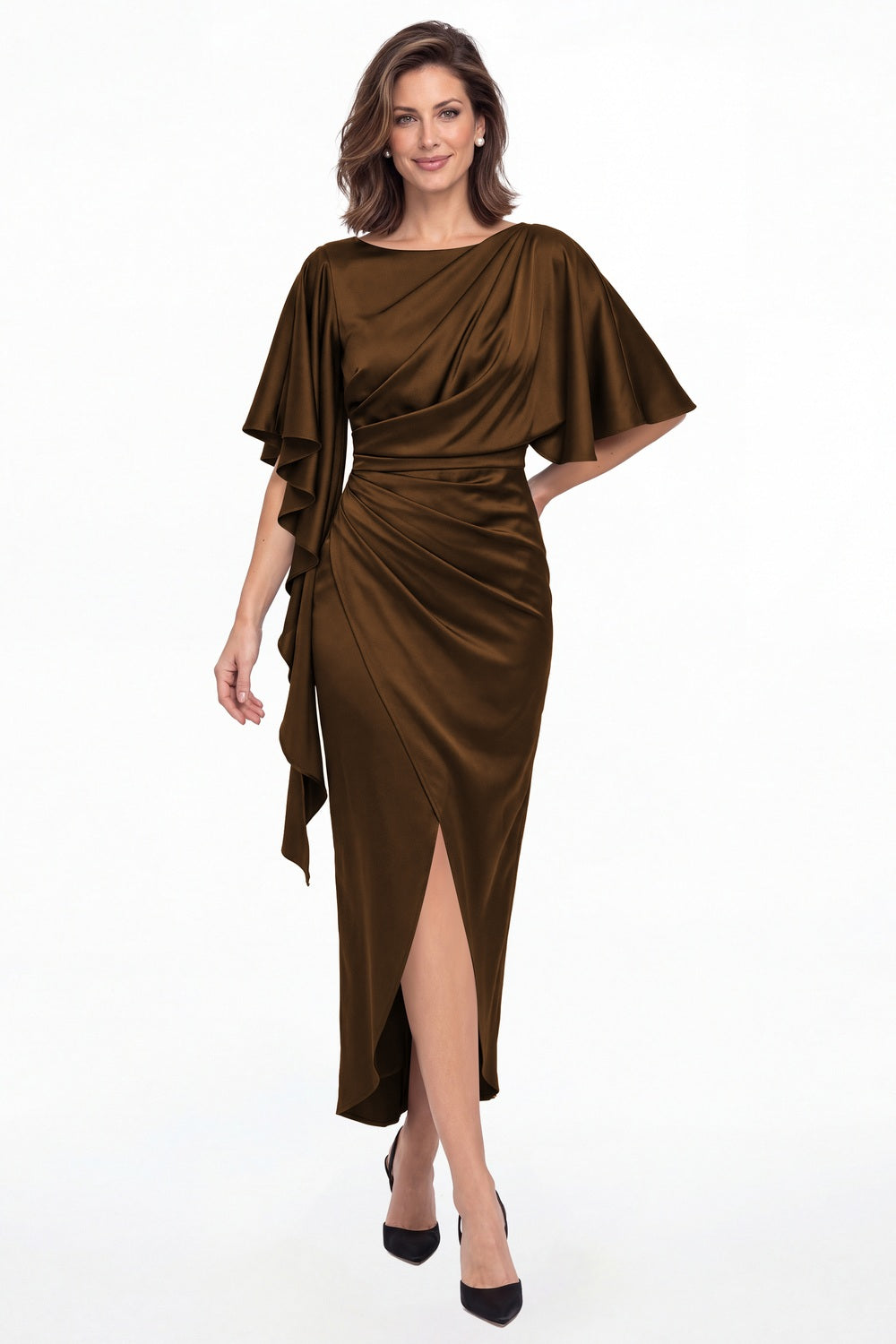 Brown Asymmetrical Flutter Sleeve Ruched Satin Midi Dress - Front View