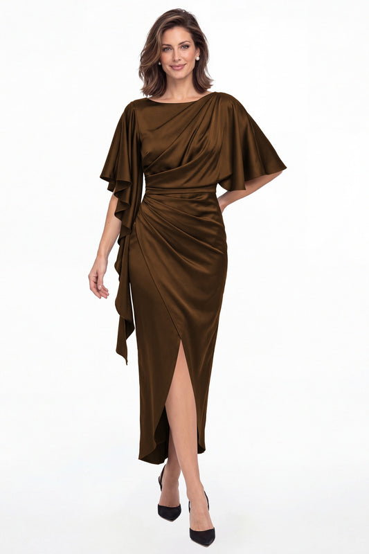 Brown Asymmetrical Flutter Sleeve Ruched Satin Midi Dress - Front View