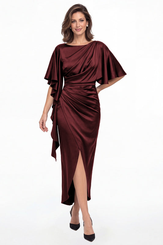 Burgundy Asymmetrical Flutter Sleeve Ruched Satin Midi Dress - Front View