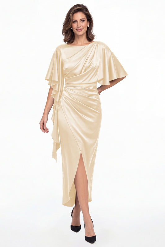 Champagne Asymmetrical Flutter Sleeve Ruched Satin Midi Dress - Front View