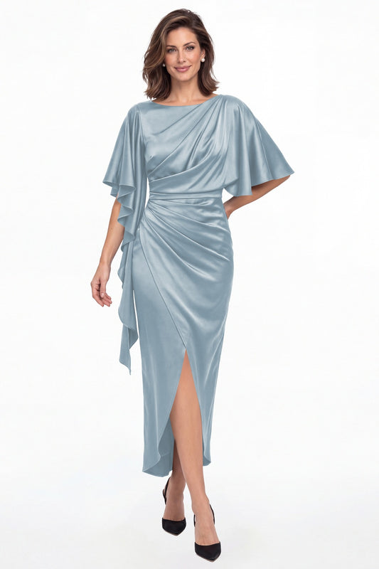 Dusty Blue Asymmetrical Flutter Sleeve Ruched Satin Midi Dress - Front View