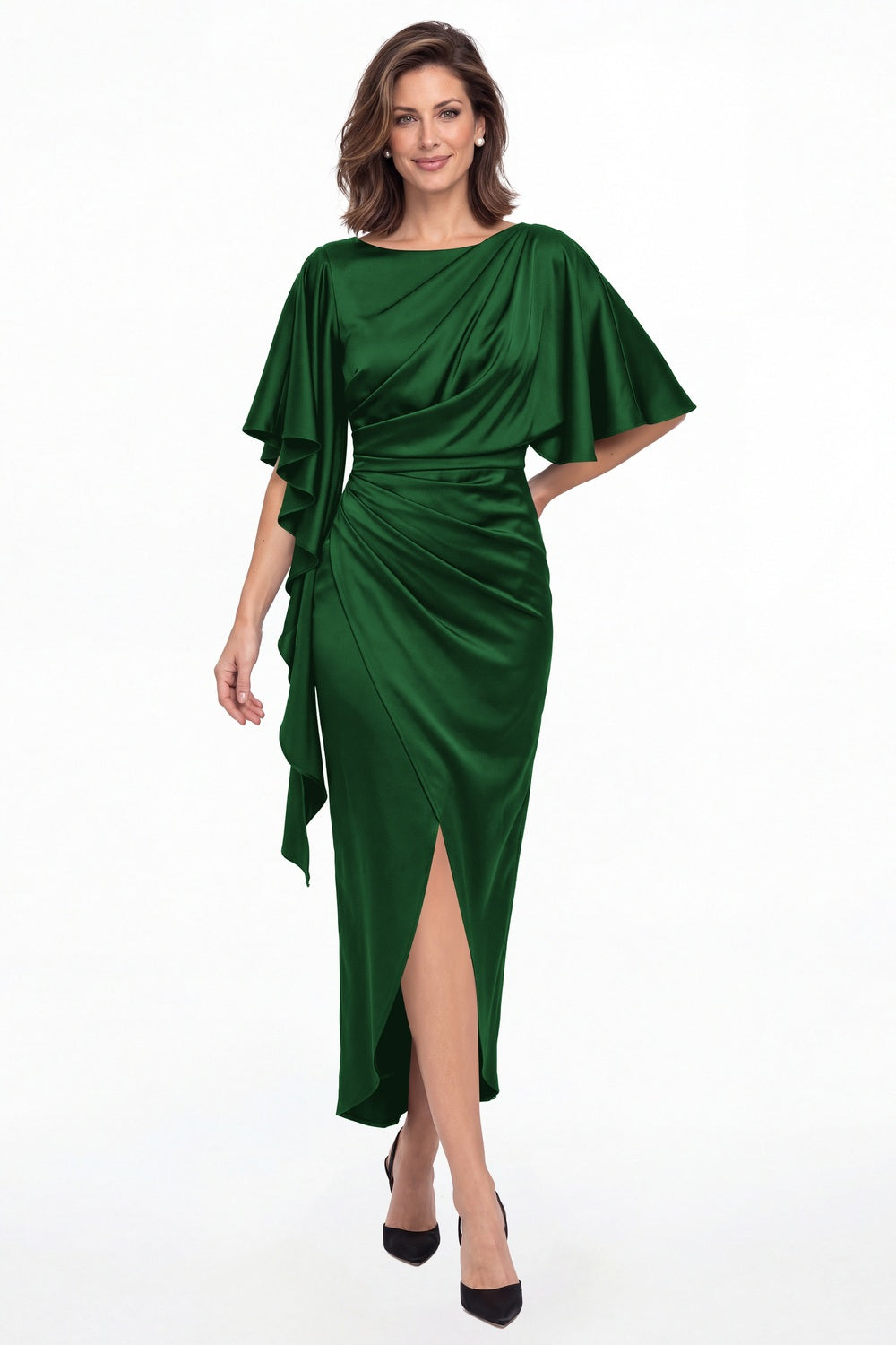 Emerald Green Asymmetrical Flutter Sleeve Ruched Satin Midi Dress - Front View