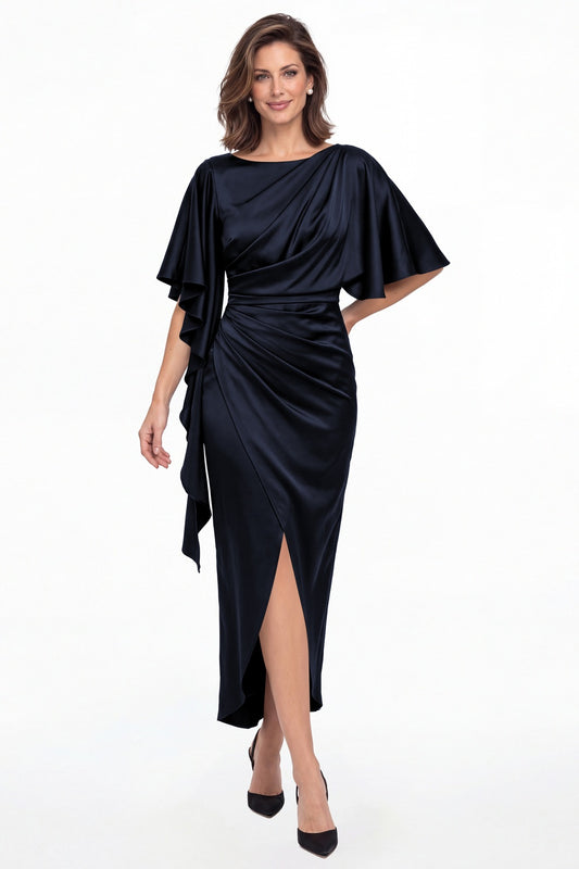 Navy Blue Asymmetrical Flutter Sleeve Ruched Satin Midi Dress - Front View