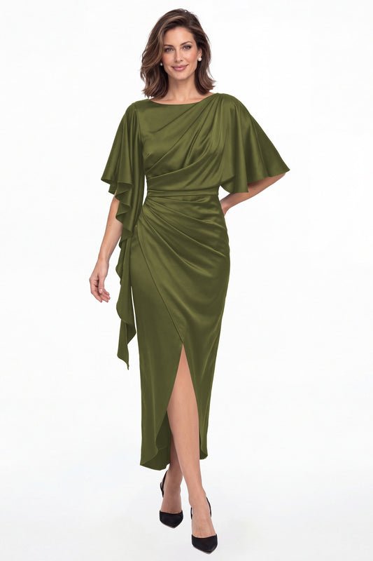Olive Green Asymmetrical Flutter Sleeve Ruched Satin Midi Dress - Front View