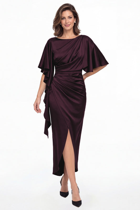 Plum Asymmetrical Flutter Sleeve Ruched Satin Midi Dress - Front View