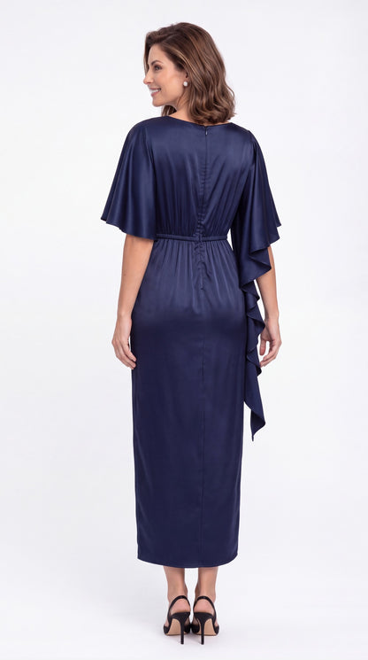 Asymmetrical Flutter Sleeve Ruched Satin Midi Dress - Back View
