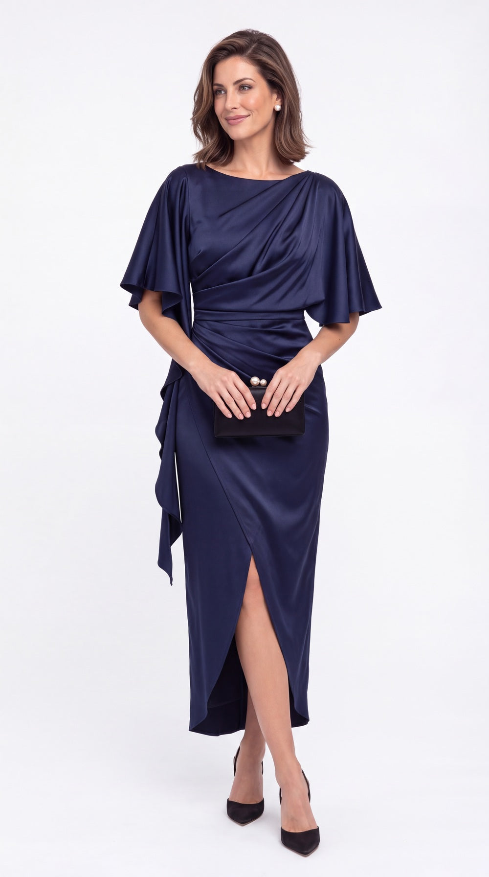 Asymmetrical Flutter Sleeve Ruched Satin Midi Dress - Detail View 1