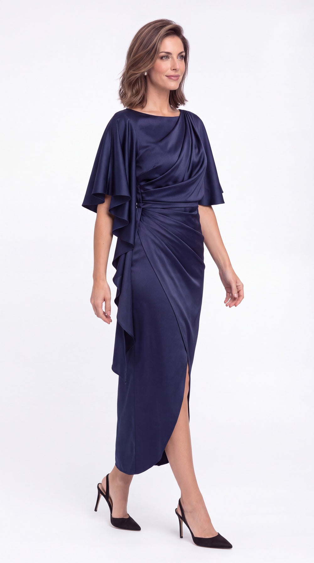 Asymmetrical Flutter Sleeve Ruched Satin Midi Dress - Detail View 2