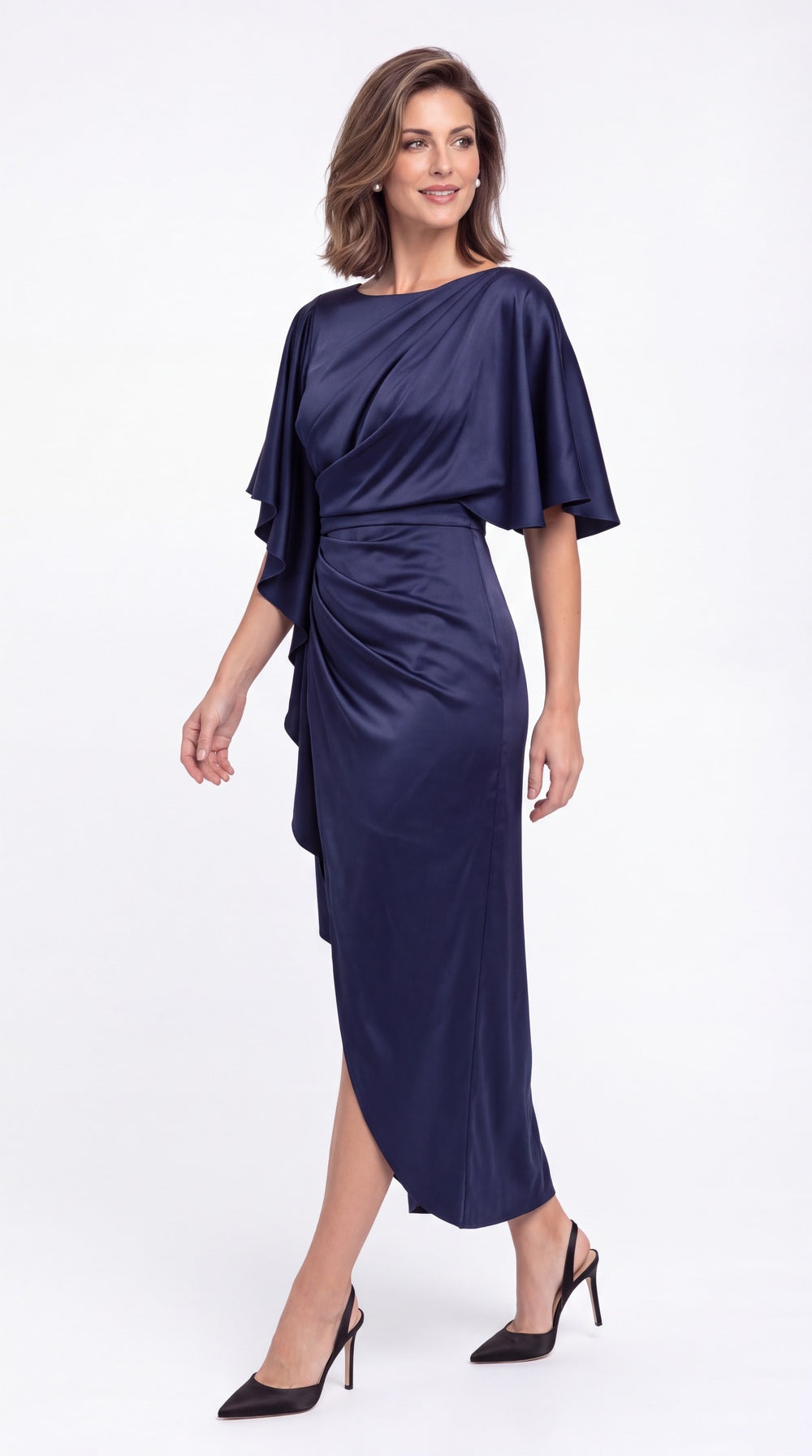 Asymmetrical Flutter Sleeve Ruched Satin Midi Dress - Detail View 3