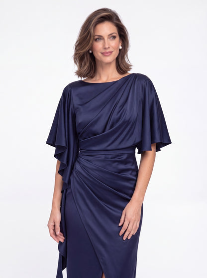 Asymmetrical Flutter Sleeve Ruched Satin Midi Dress - Detail View 4