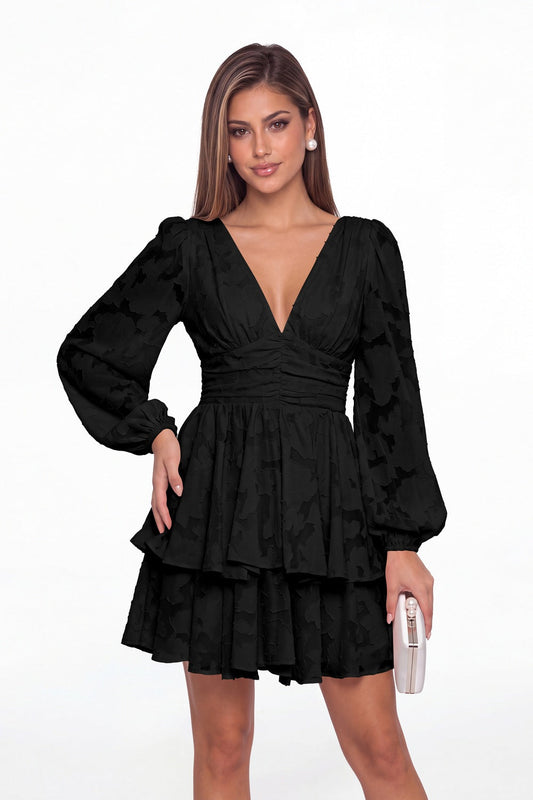 Black Floral Burnout V-Neck Long Sleeve Tiered Mini Homecoming Dress - Front View
