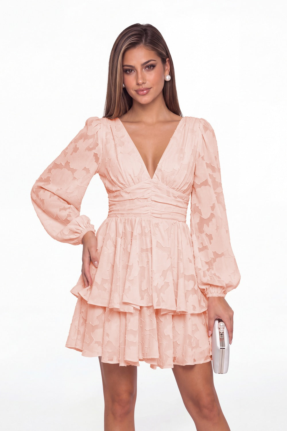 Blush Pink Floral Burnout V-Neck Long Sleeve Tiered Mini Homecoming Dress - Front View