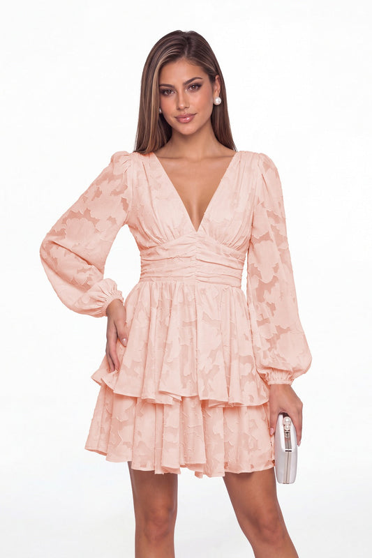 Blush Pink Floral Burnout V-Neck Long Sleeve Tiered Mini Homecoming Dress - Front View