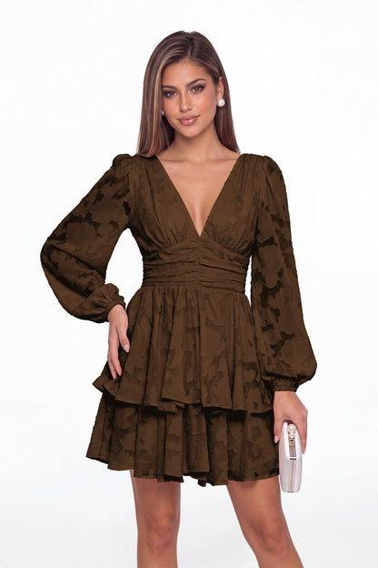 Brown Floral Burnout V-Neck Long Sleeve Tiered Mini Homecoming Dress - Front View