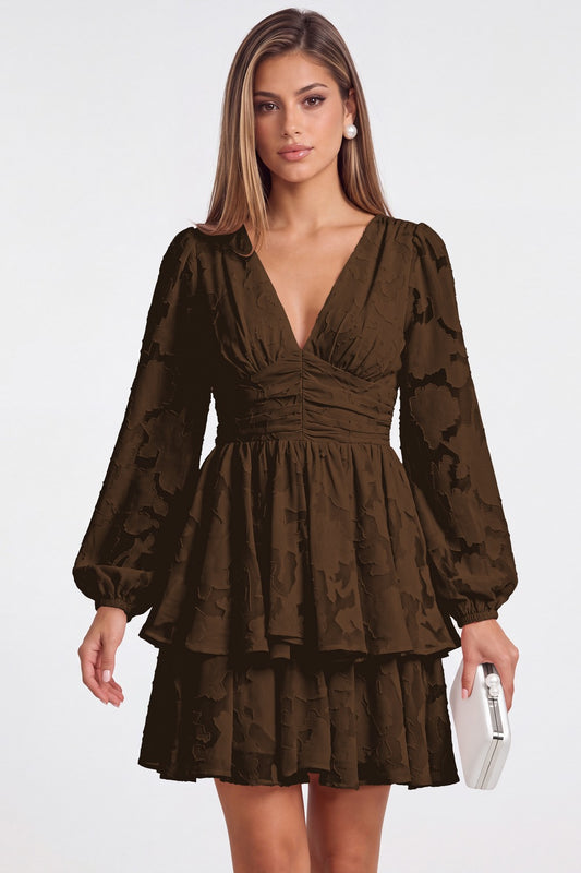 Brown Floral Burnout V-Neck Long Sleeve Tiered Mini Homecoming Dress - Front View