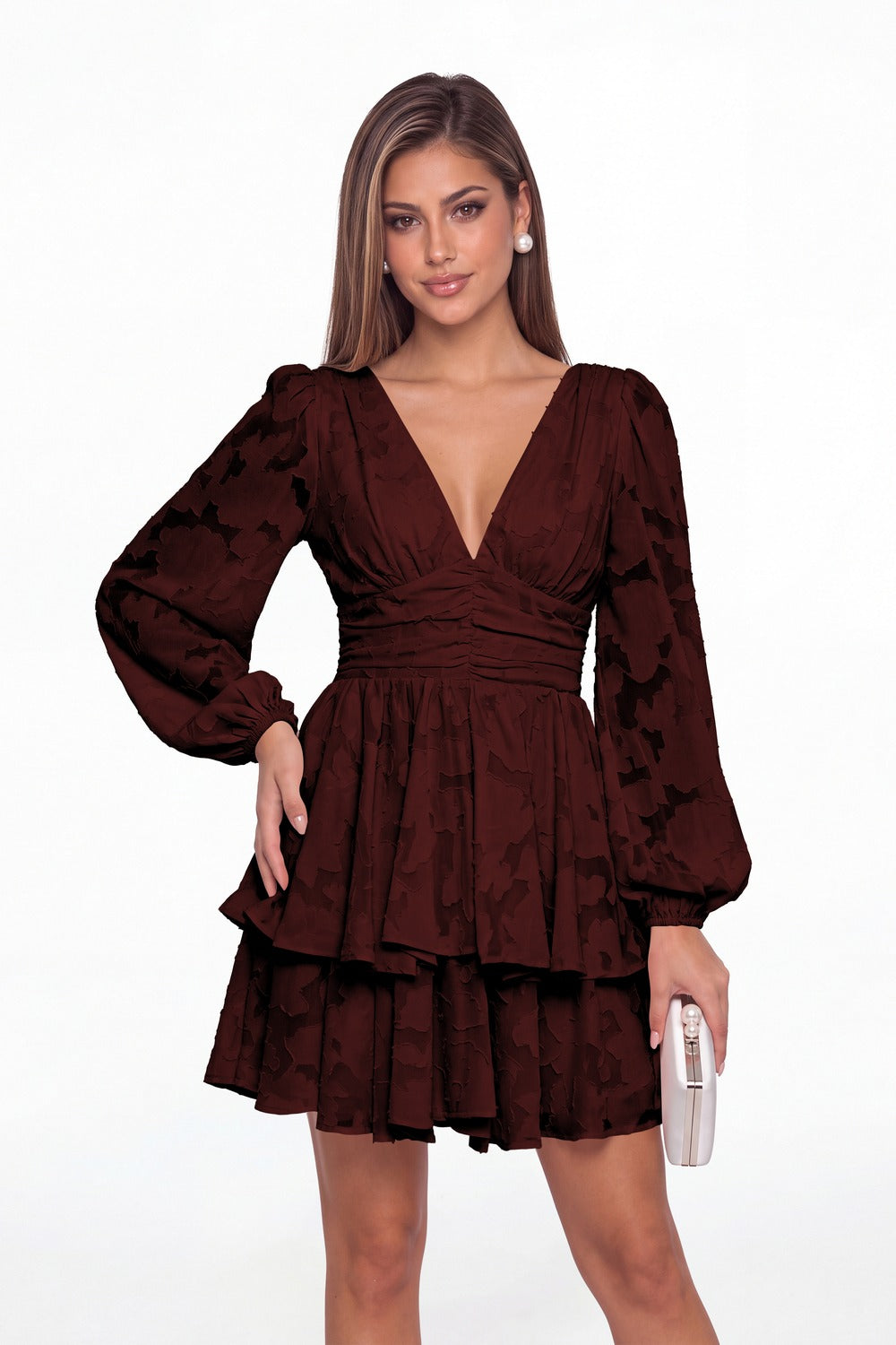 Burgundy Floral Burnout V-Neck Long Sleeve Tiered Mini Homecoming Dress - Front View