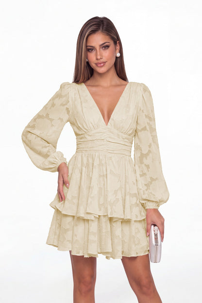 Champagne Floral Burnout V-Neck Long Sleeve Tiered Mini Homecoming Dress - Front View