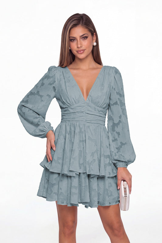 Dusty Blue Floral Burnout V-Neck Long Sleeve Tiered Mini Homecoming Dress - Front View