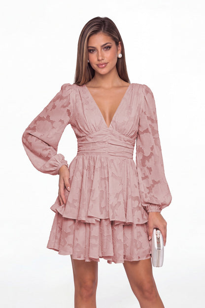 Dusty Rose Floral Burnout V-Neck Long Sleeve Tiered Mini Homecoming Dress - Front View