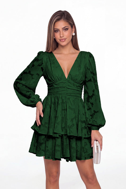Emerald Green Floral Burnout V-Neck Long Sleeve Tiered Mini Homecoming Dress - Front View