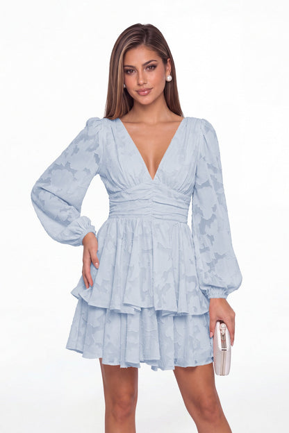 Light Blue Floral Burnout V-Neck Long Sleeve Tiered Mini Homecoming Dress - Front View