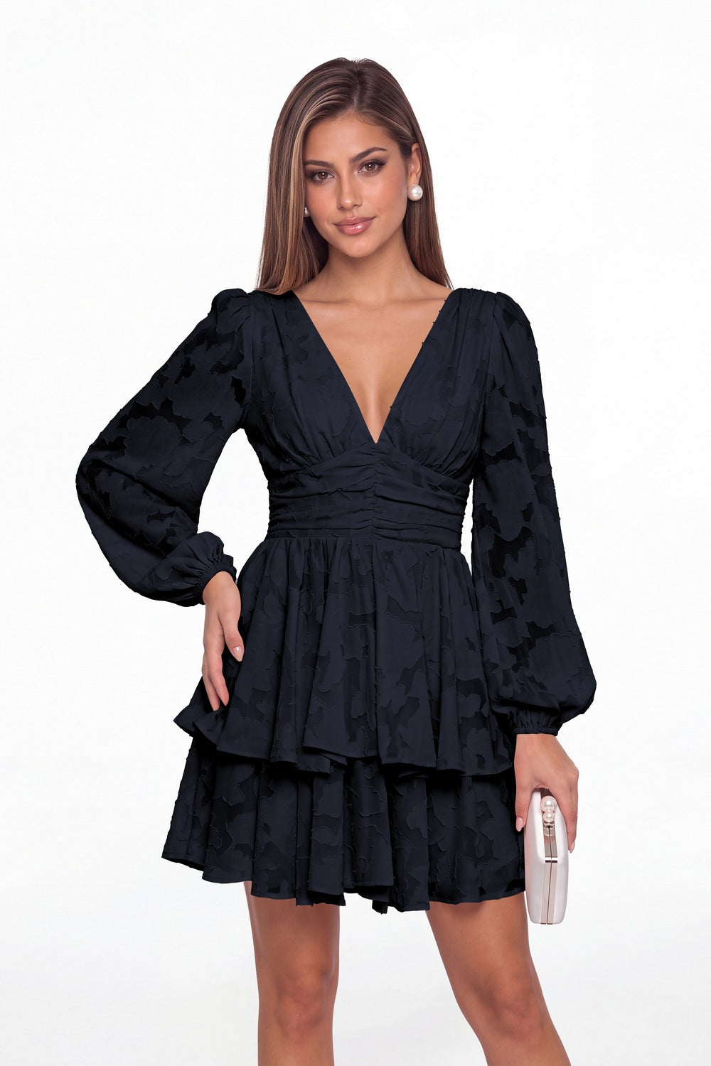 Navy Blue Floral Burnout V-Neck Long Sleeve Tiered Mini Homecoming Dress - Front View