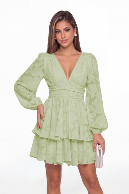 Sage Green Floral Burnout V-Neck Long Sleeve Tiered Mini Homecoming Dress - Front View