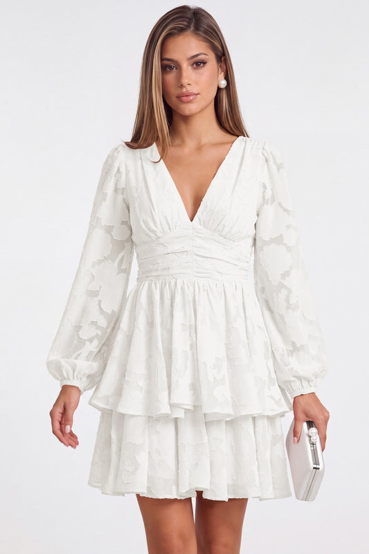 White Floral Burnout V-Neck Long Sleeve Tiered Mini Homecoming Dress - Front View