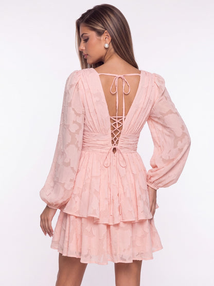 Floral Burnout V-Neck Long Sleeve Tiered Mini Homecoming Dress - Back View