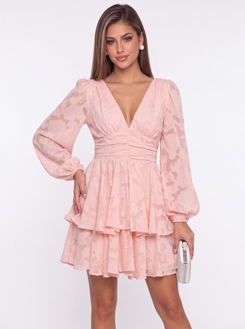 Floral Burnout V-Neck Long Sleeve Tiered Mini Homecoming Dress - Detail View 1