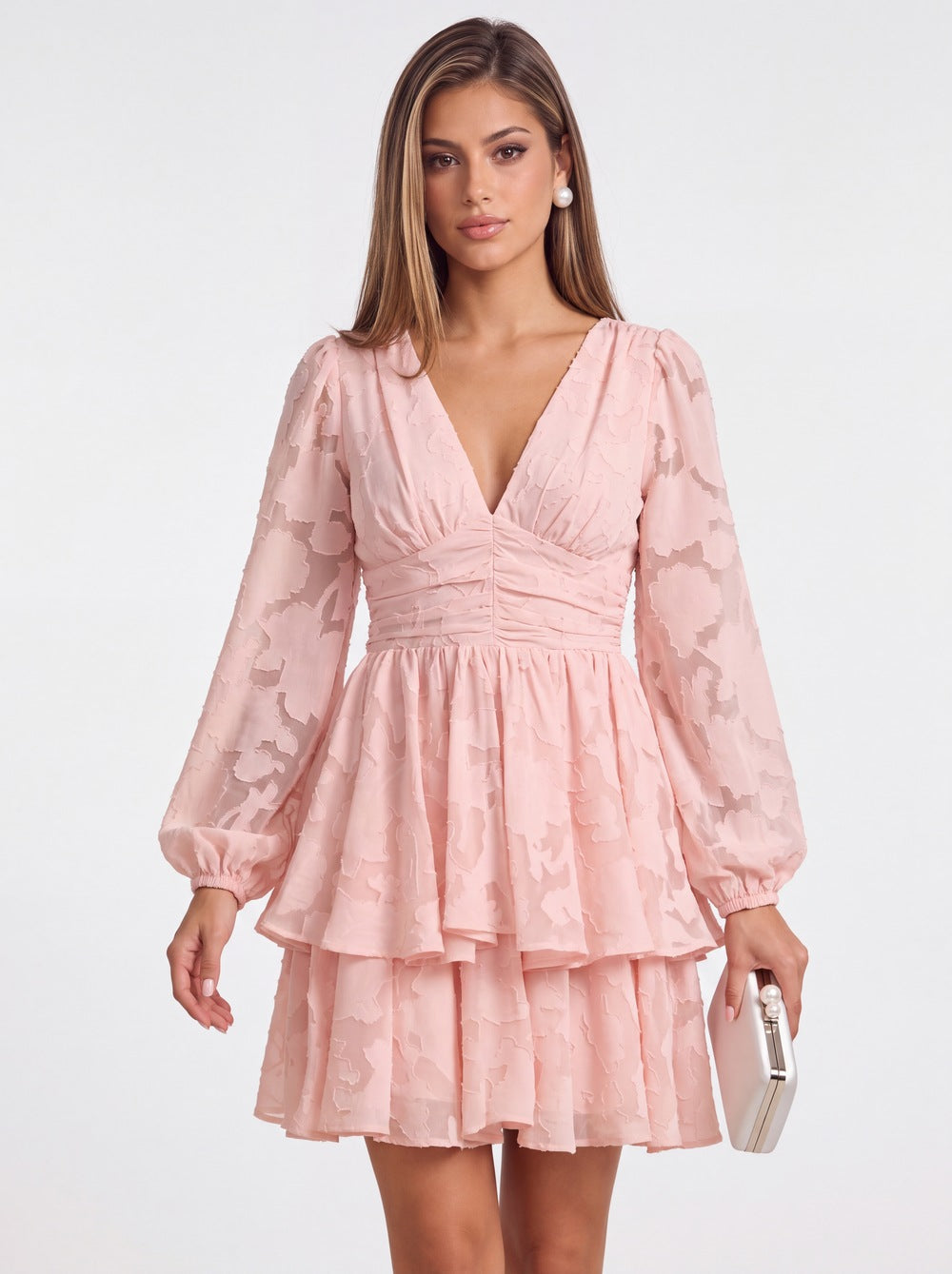 INEWER Floral Burnout V-Neck Long Sleeve Tiered Mini Homecoming Dress