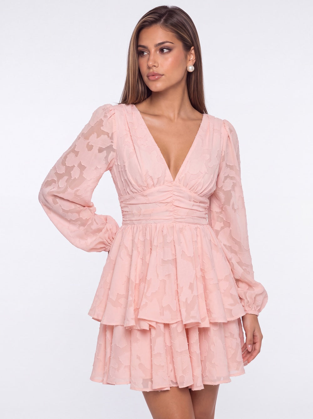 Floral Burnout V-Neck Long Sleeve Tiered Mini Homecoming Dress - Detail View 2