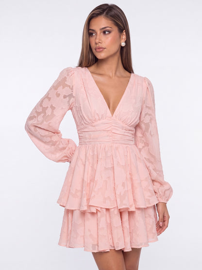 Floral Burnout V-Neck Long Sleeve Tiered Mini Homecoming Dress - Detail View 2