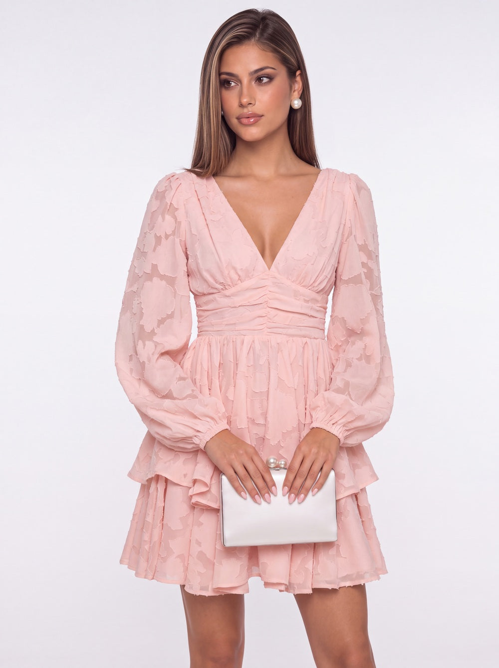 Floral Burnout V-Neck Long Sleeve Tiered Mini Homecoming Dress - Detail View 3