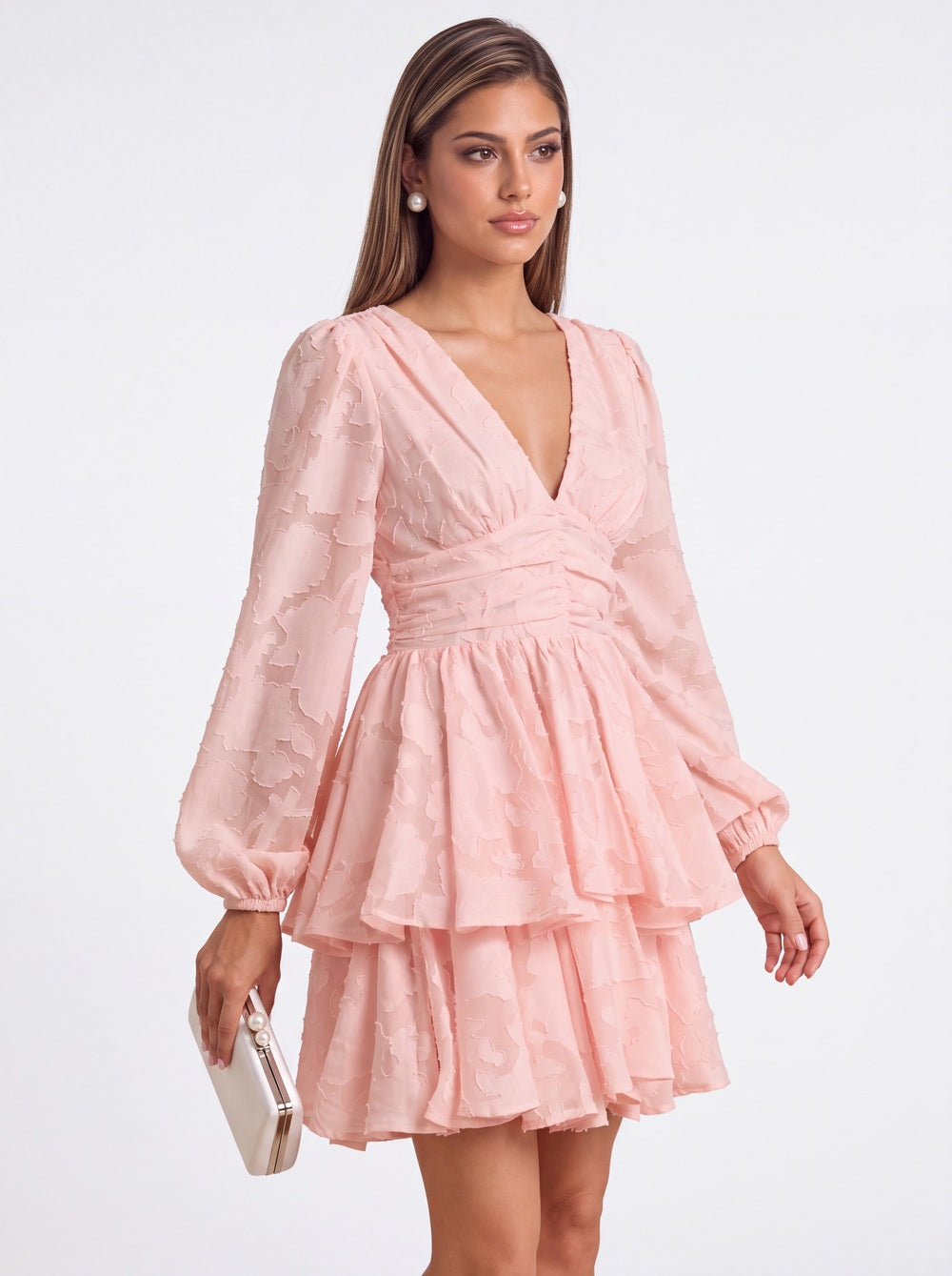 Floral Burnout V-Neck Long Sleeve Tiered Mini Homecoming Dress - Detail View 4