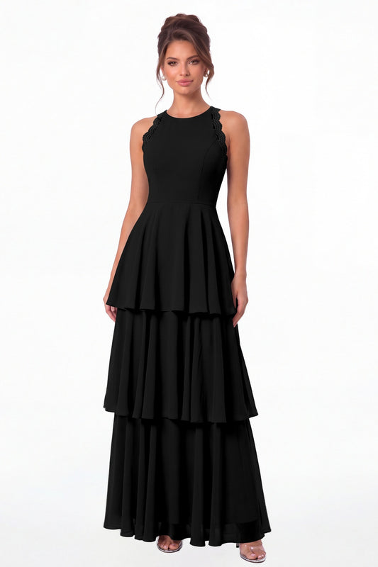 Black Scoop Neck Lace Tiered Chiffon Maxi Dress - Front View