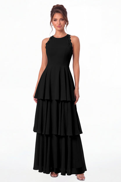 Black Scoop Neck Lace Tiered Chiffon Maxi Dress - Front View