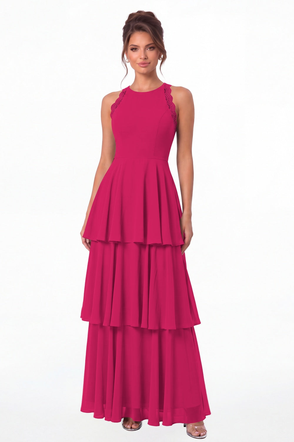 Fuchsia Scoop Neck Lace Tiered Chiffon Maxi Dress - Front View