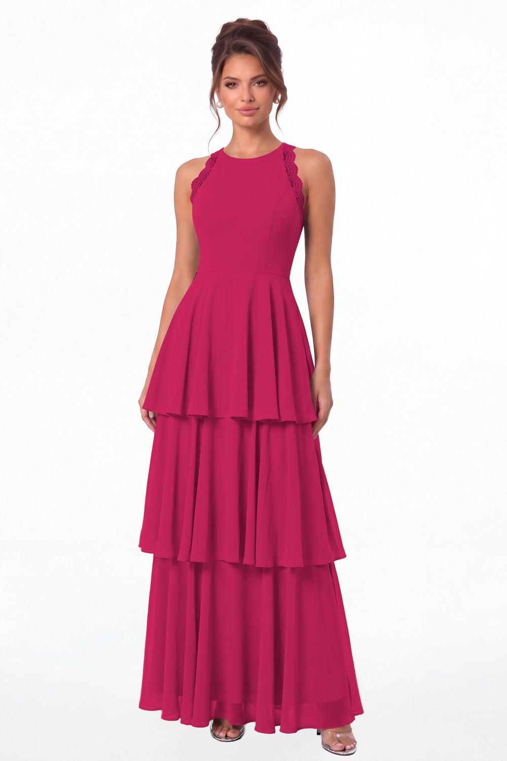 Fuchsia Scoop Neck Lace Tiered Chiffon Maxi Dress - Front View