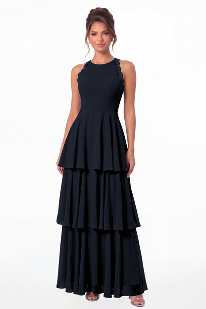 Navy Blue Scoop Neck Lace Tiered Chiffon Maxi Dress - Front View