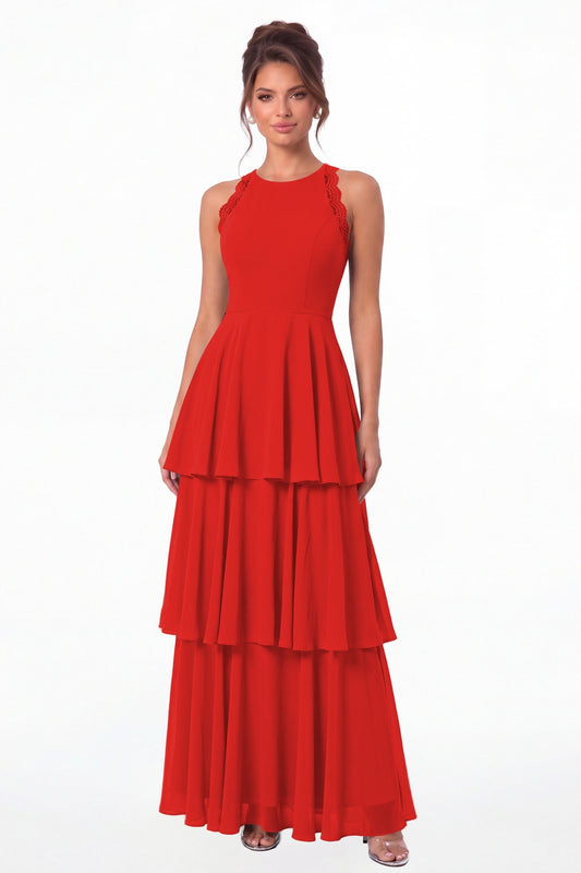 Red Scoop Neck Lace Tiered Chiffon Maxi Dress - Front View