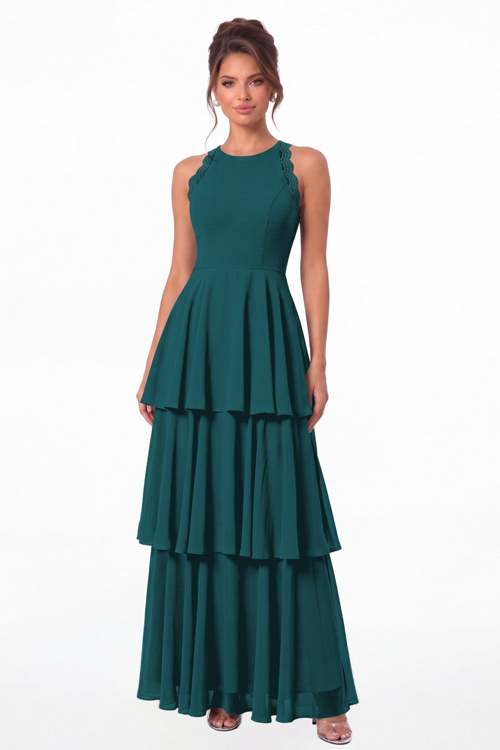 Teal Scoop Neck Lace Tiered Chiffon Maxi Dress - Front View